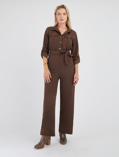 Effen combinatie met elastische taille - Bruin
