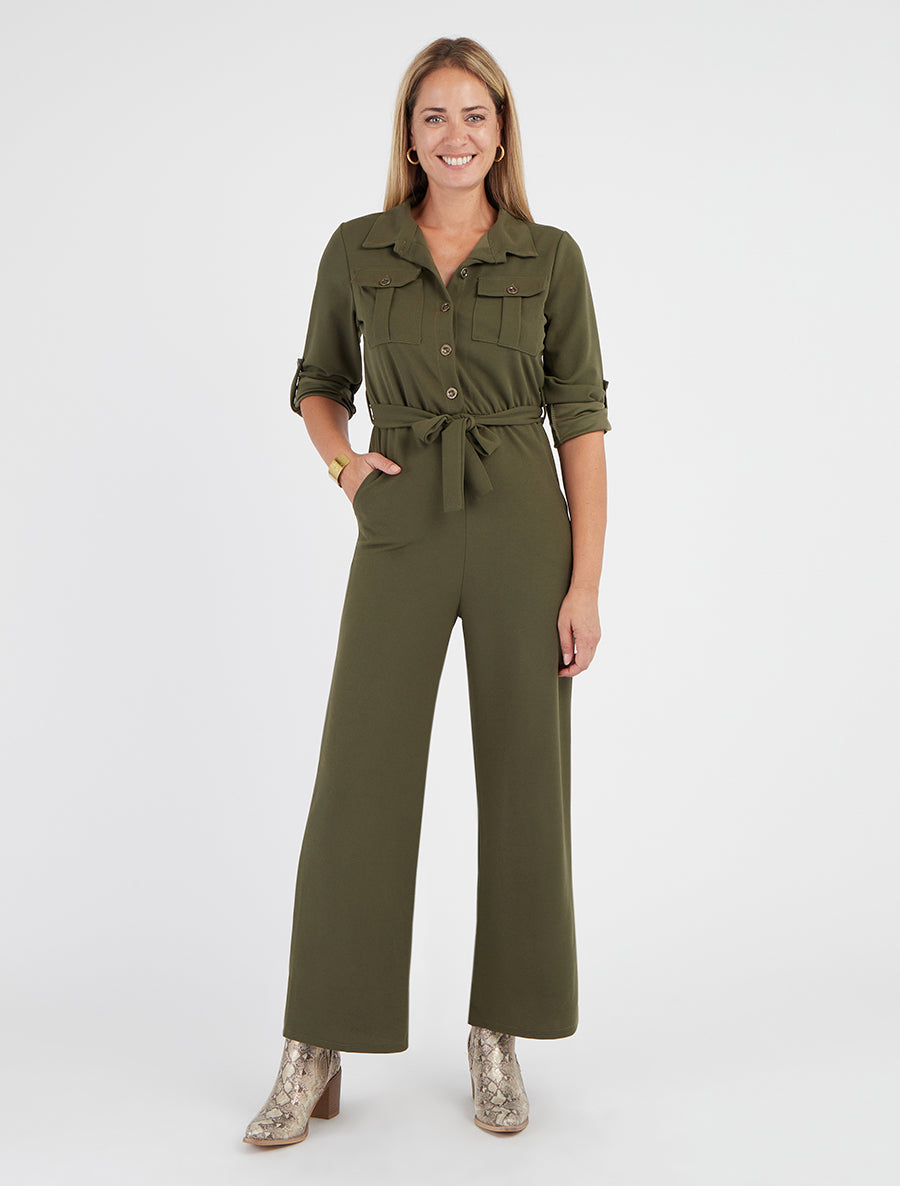 Effen combinatie met elastische taille - Kaki