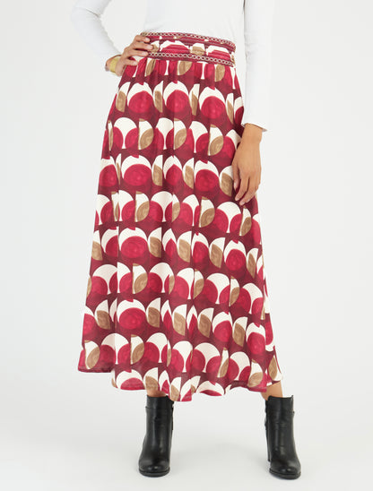 Lange rok met abstracte print en geborduurd detail. - Wijnrood