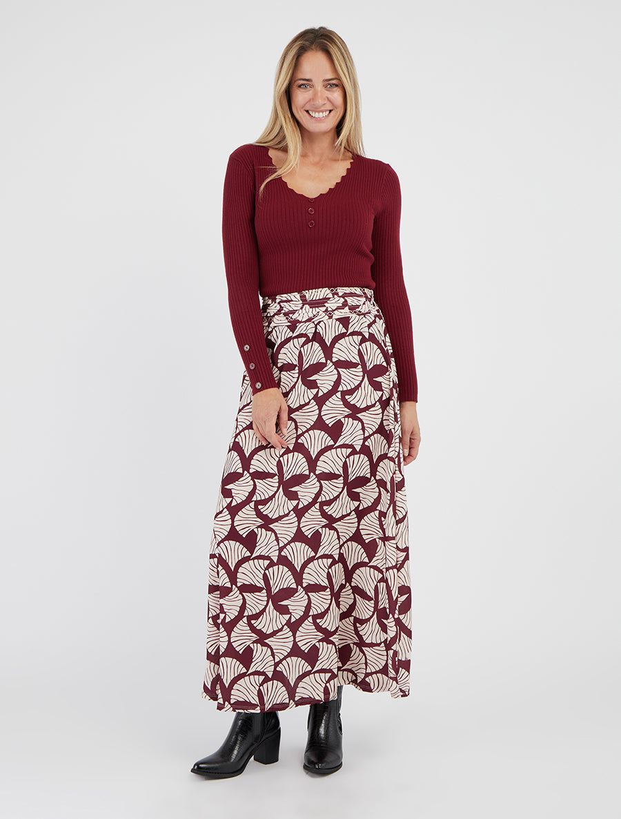 Lange rok met ginkgo-print en geborduurd detail - Pruim