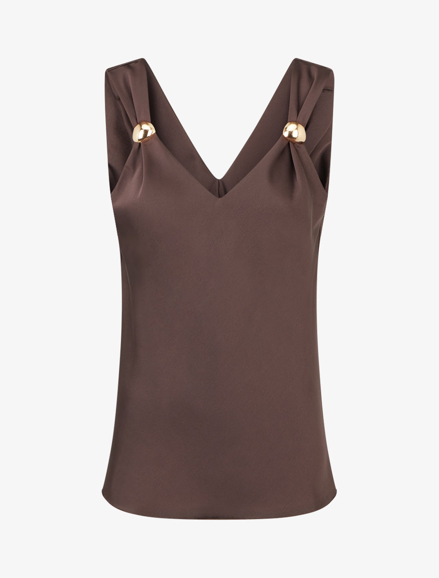 Top satiné à empiècement bijoux - Marron - 1