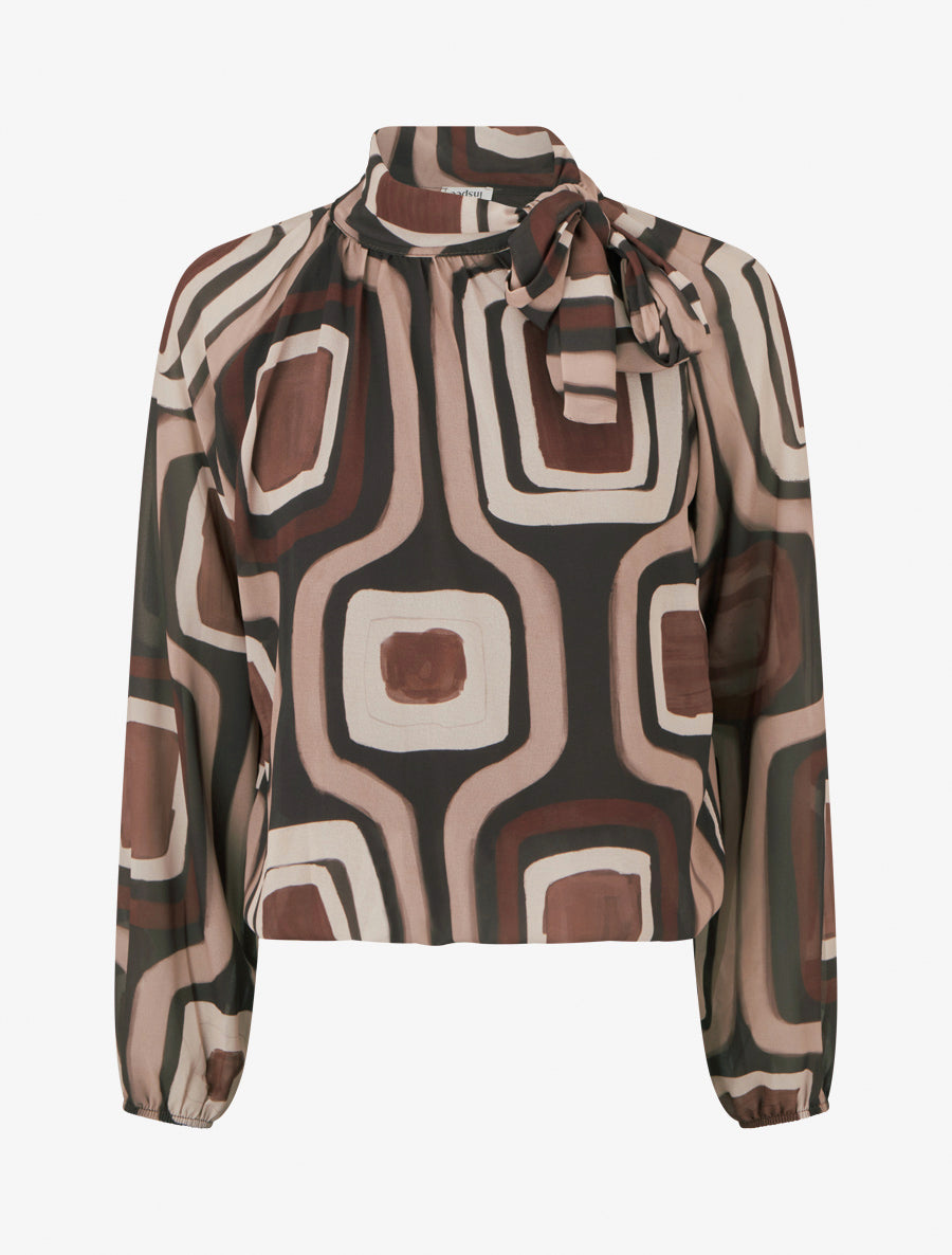 Blouse en voile imprimé rétro à nouer - Marron - 1