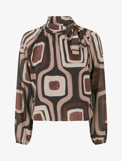 Blouse en voile imprimé rétro à nouer - Marron - 1