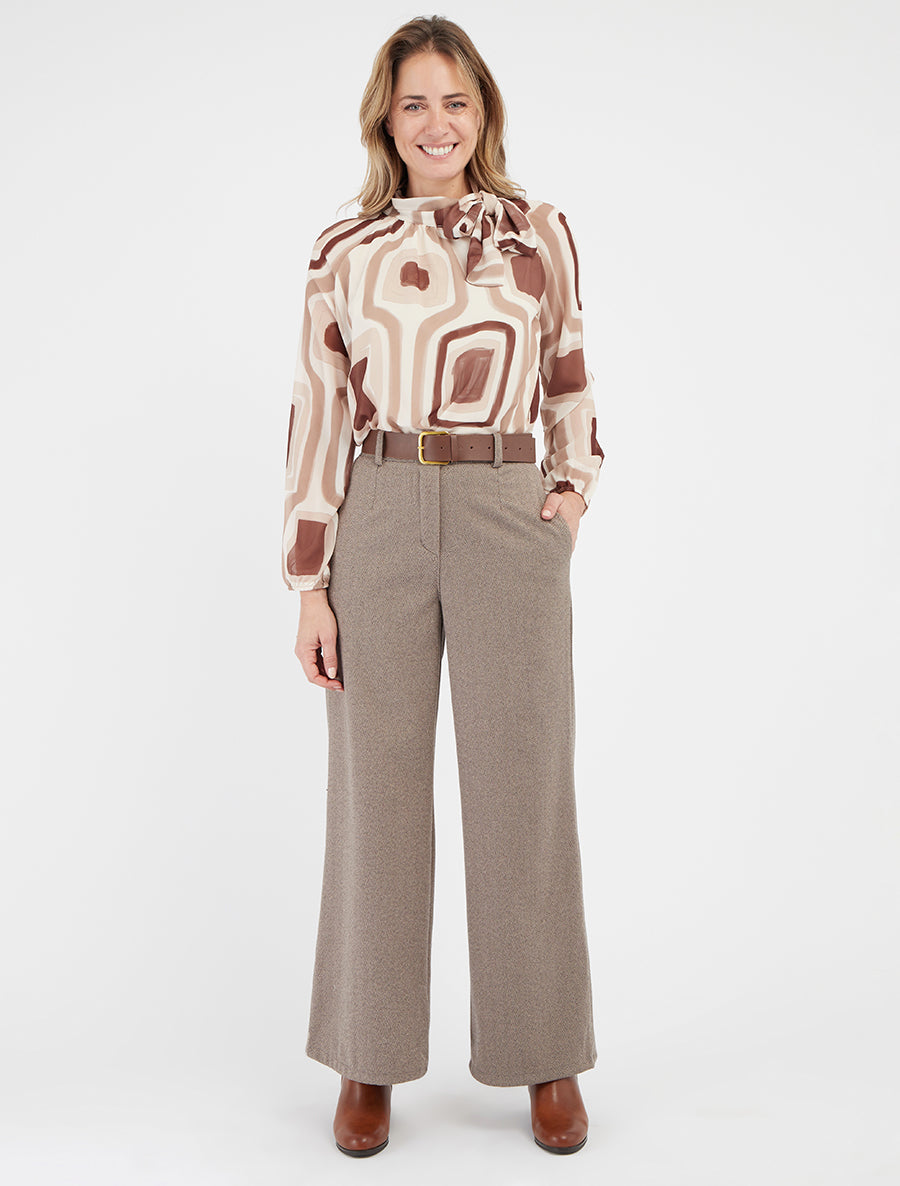 Blouse van retro bedrukte voile om te knopen - Beige