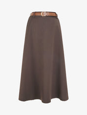 Jupe mi-longue unie ceinturée - Marron - 1