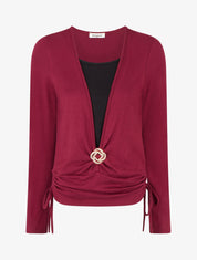 Pull à bords froncés et boucle décorative - Lie de vin - 1