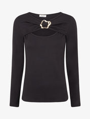 Pull fin à col rond ajouré à boucle - Noir - 1