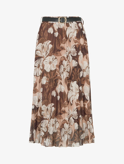 Jupe mi-longue plissée imprimé floral - Marron - 1