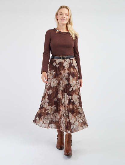 Jupe mi-longue plissée imprimé floral - Marron - 8