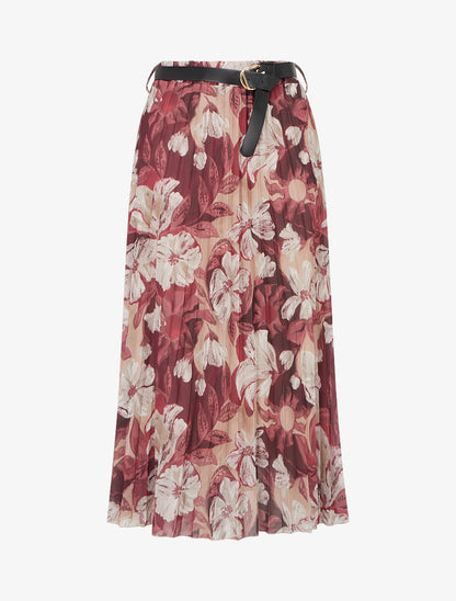 Jupe mi-longue plissée imprimé floral - Prune - 1