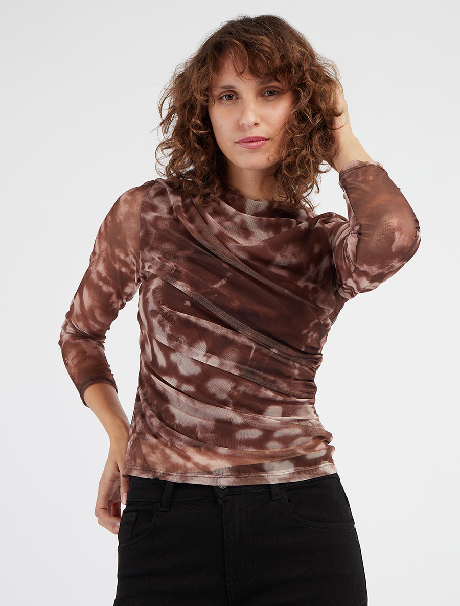 Top imprimé graphique en tulle - Marron