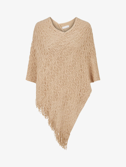 Poncho asymétrique uni à franges - Camel clair - 1