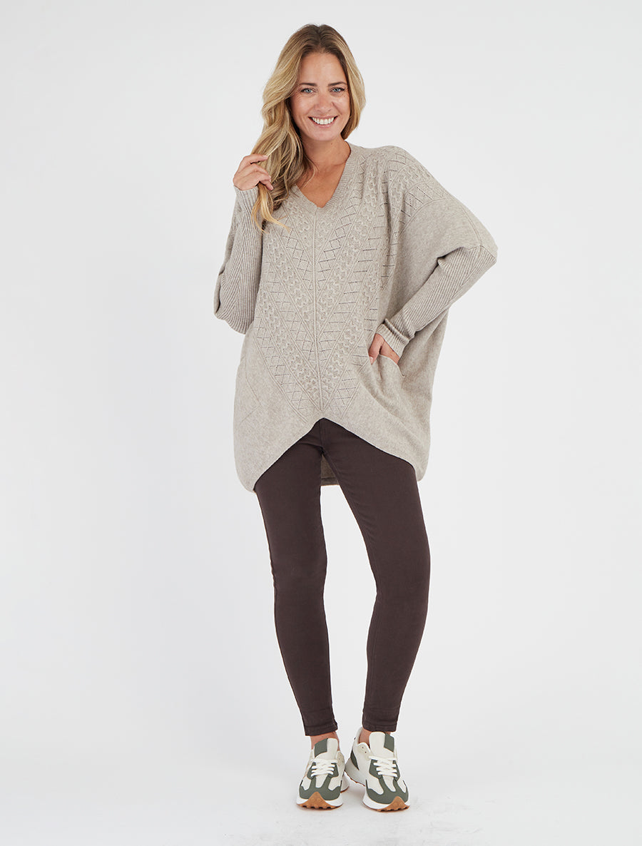 Poncho asymétrique à manches longues et poches - Taupe