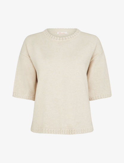 Pull uni en maille à col rond - Écru - 1