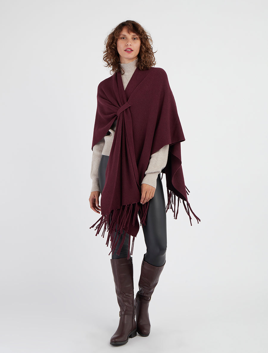 Poncho long uni à franges - Prune