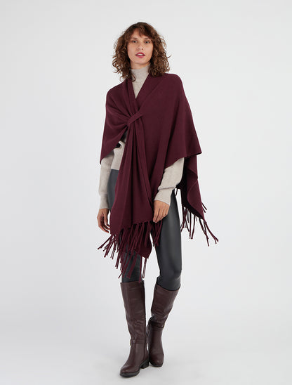 Poncho long uni à franges - Prune