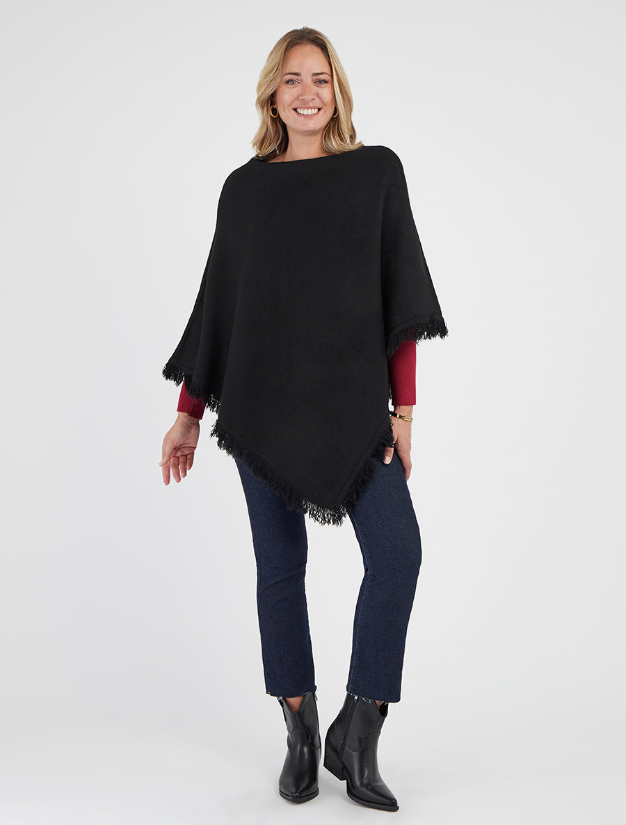 Gebreide poncho met franjes - Zwart