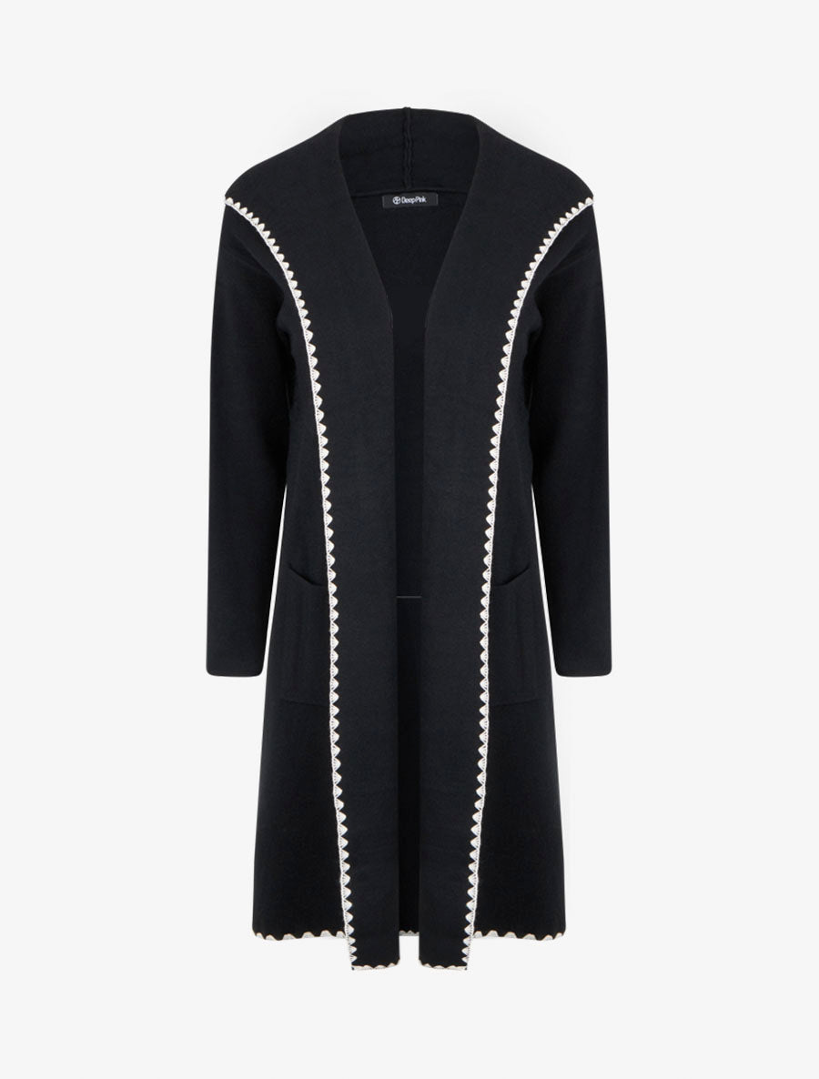 Lang vest met capuchon en geborduurde bies. - Zwart
