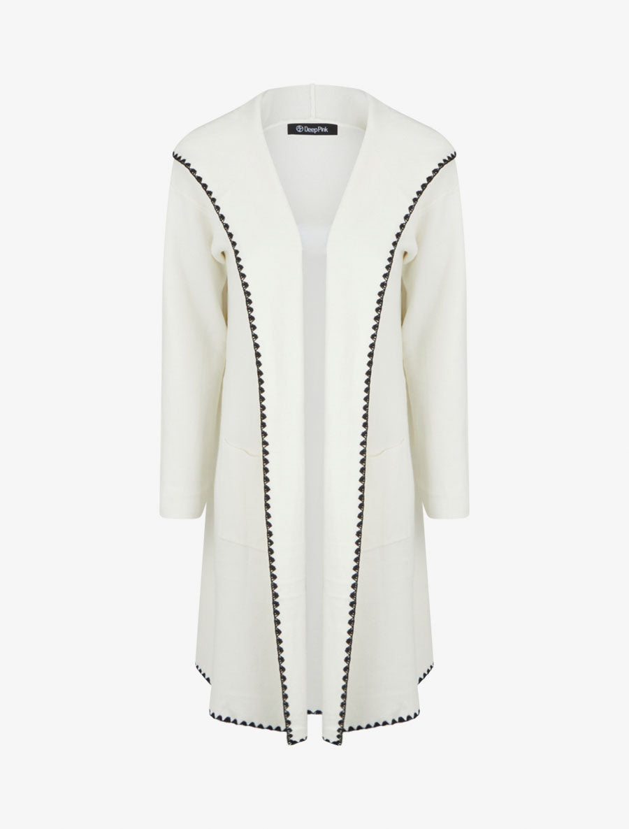 Gilet long à capuche et liseré brodé - Écru