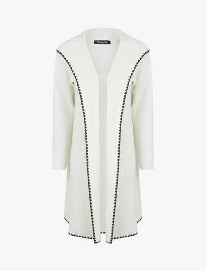 Gilet long à capuche et liseré brodé - Écru