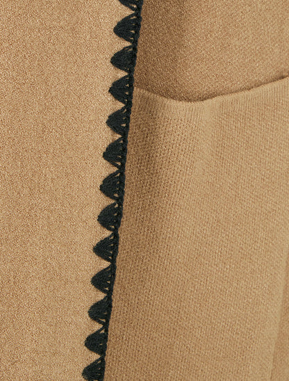 Gilet long à capuche et liseré brodé - Camel - 3