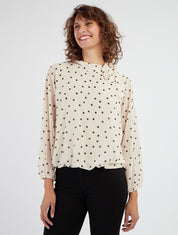 Gestippelde top met lavallièrekraag - Beige