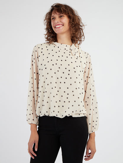 Gestippelde top met lavallièrekraag - Beige