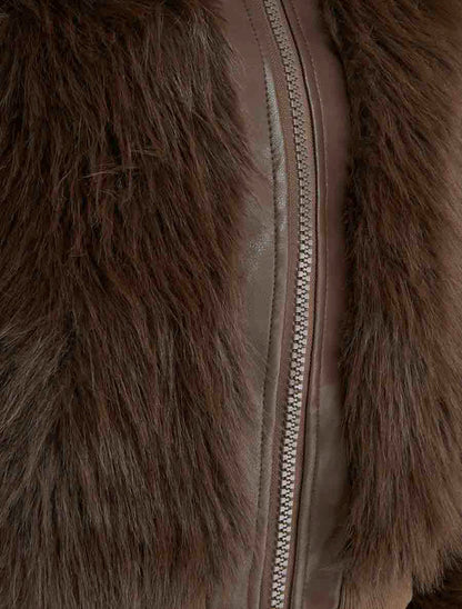 Blouson à empiècement fourrure synthétique - Marron - 3
