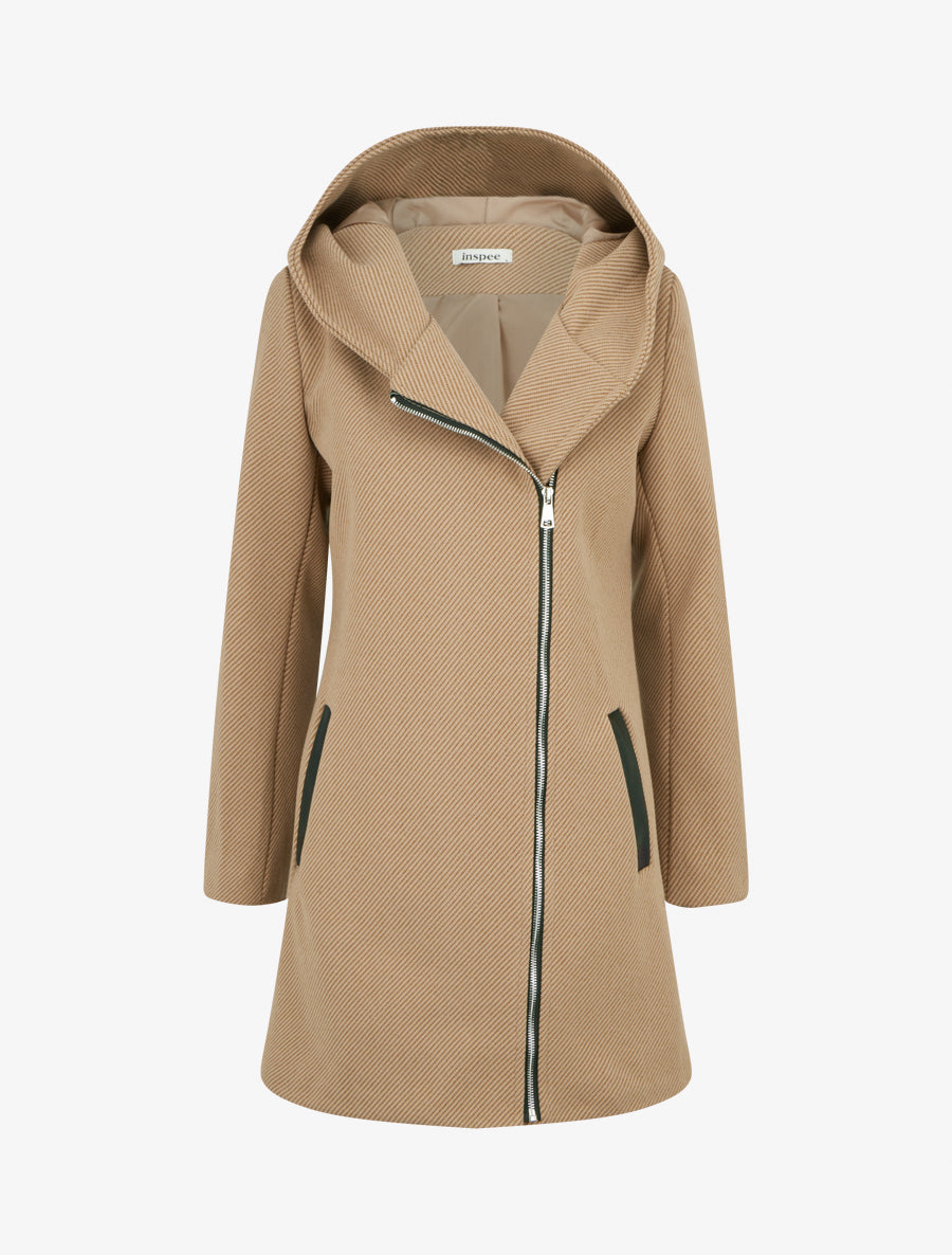 Manteau à capuche et empiècements simili - Camel - 1