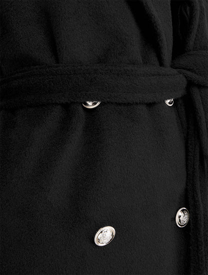 Manteau long uni à bouton décoratif - Noir - 3