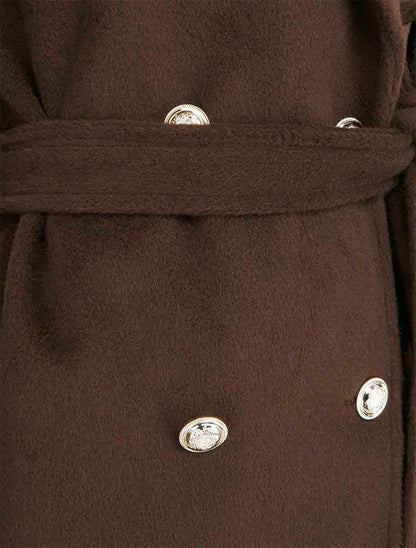 Manteau long uni à bouton décoratif - Marron - 3