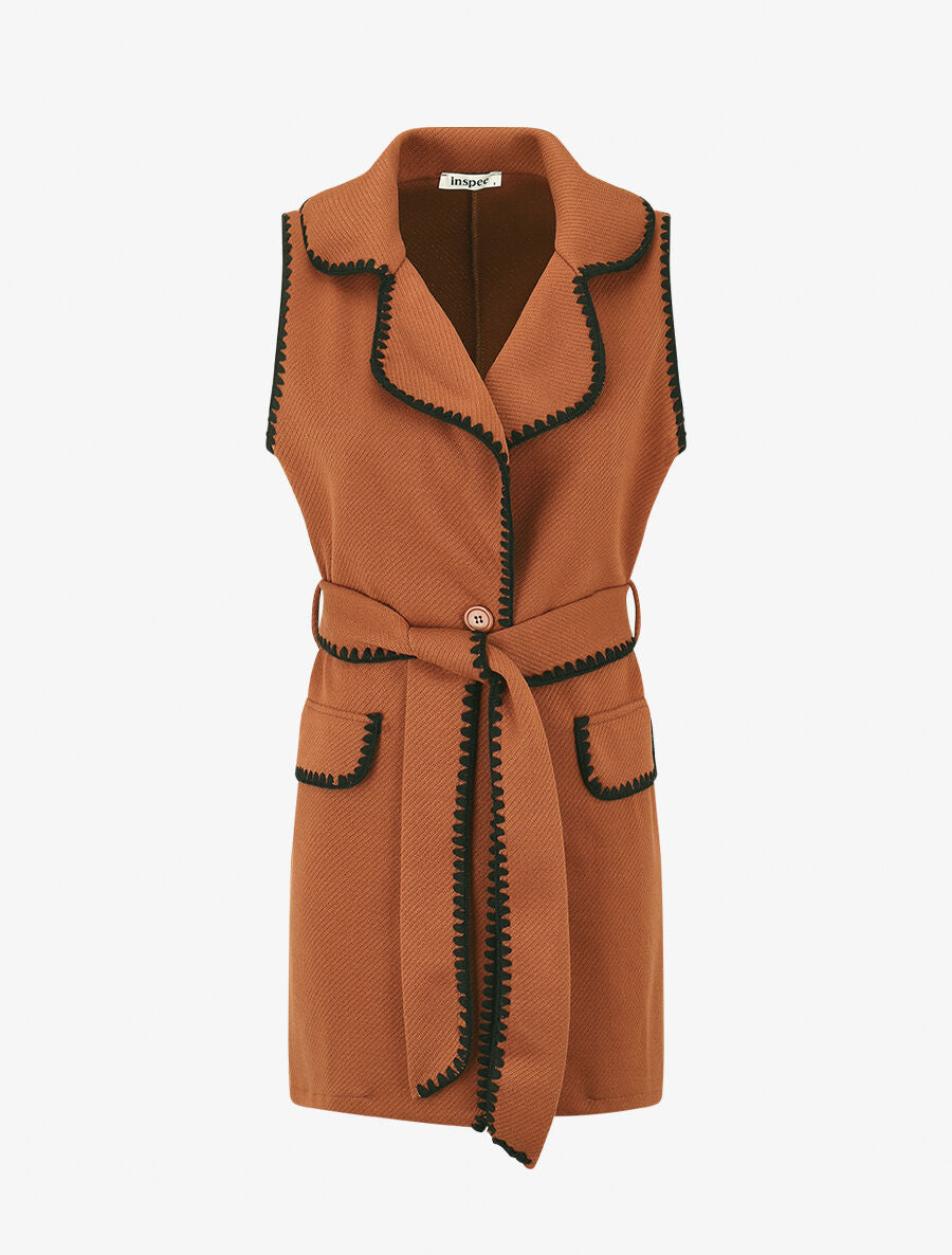 Gilet long sans manches à détail brodé - Rouille - 4