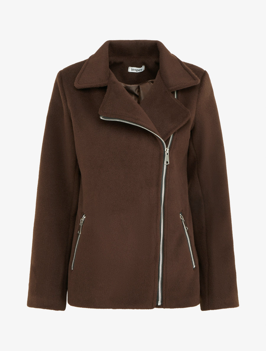 Manteau zippé uni en feutrine - Marron - 1