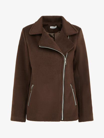 Manteau zippé uni en feutrine - Marron - 1