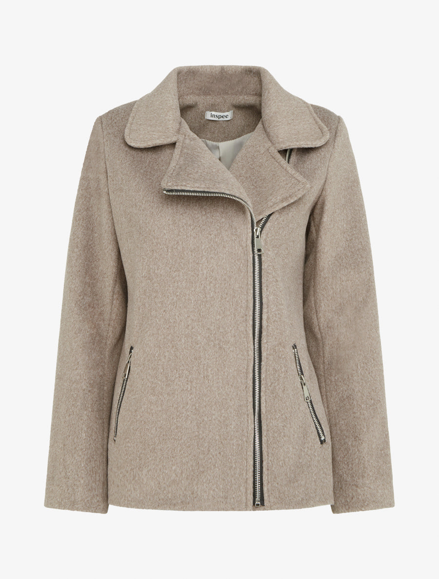 Manteau zippé uni en feutrine - Taupe - 1