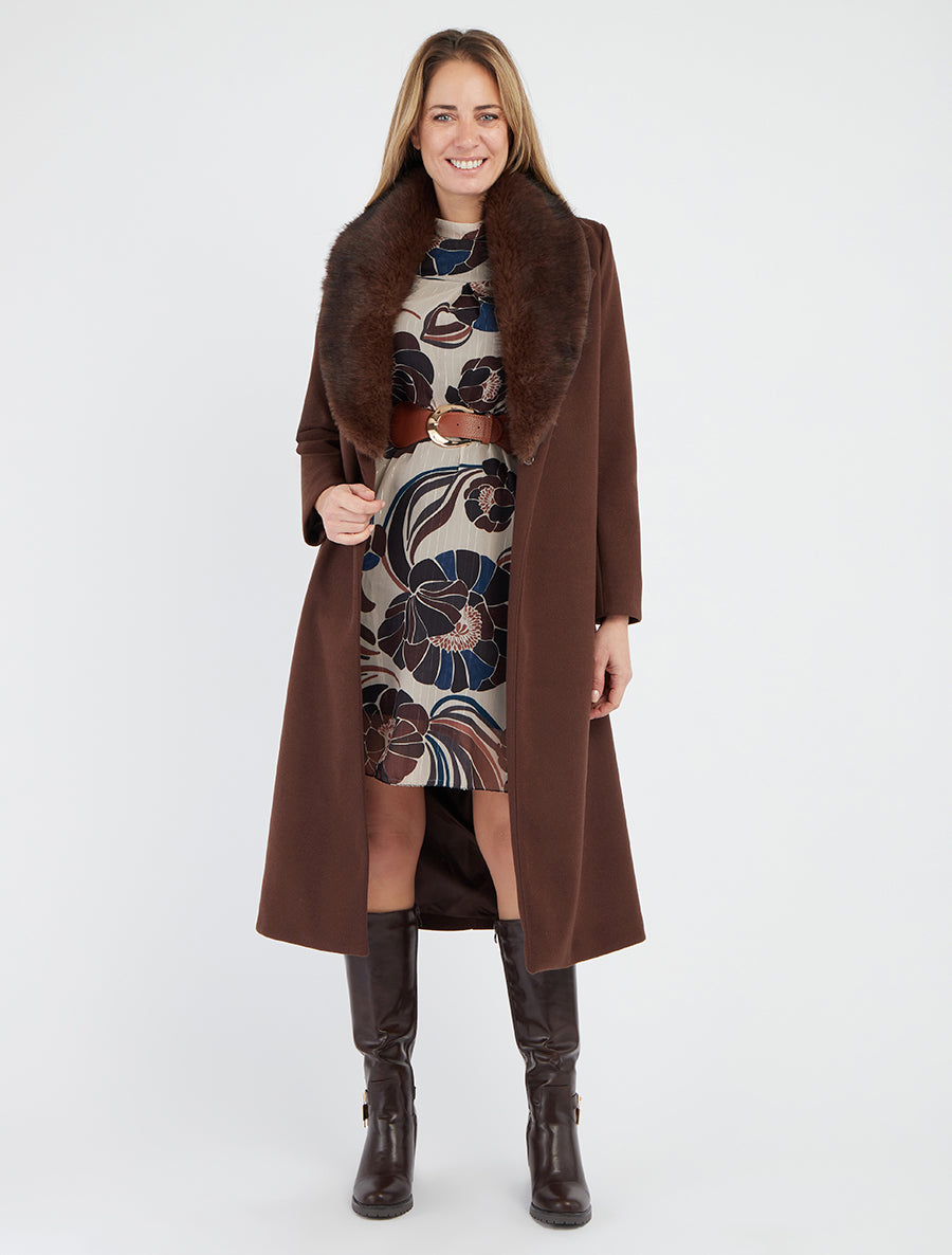 Manteau long à col en fourrure synthétique - Marron