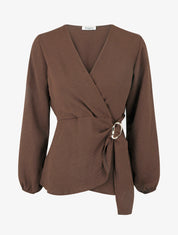 Blouse unie style portefeuille à col cache-coeur - Marron