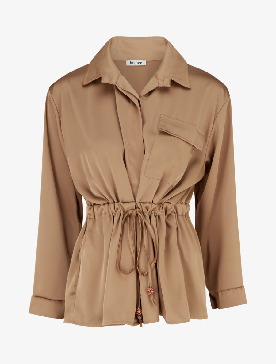 Chemise satinée ample à liens - Camel - 1