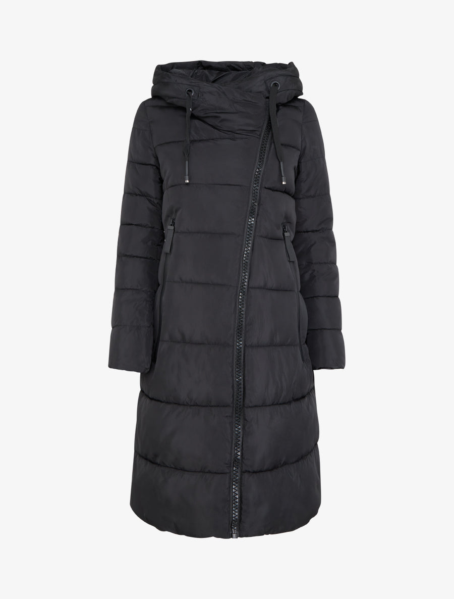 Doudoune longue à capuche et zip en biais - Noir - 1
