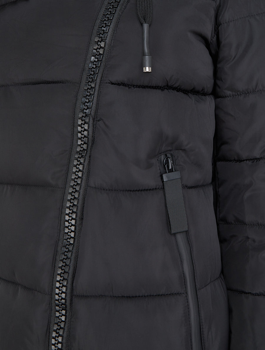 Doudoune longue à capuche et zip en biais - Noir - 3
