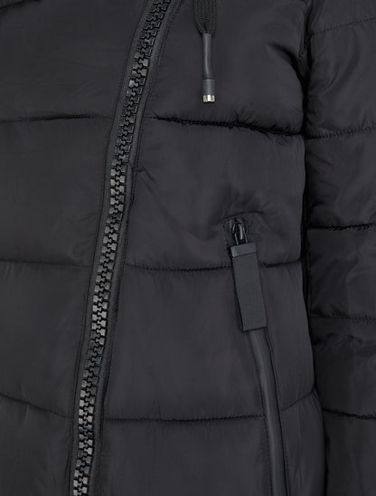 Doudoune longue à capuche et zip en biais - Noir - 3