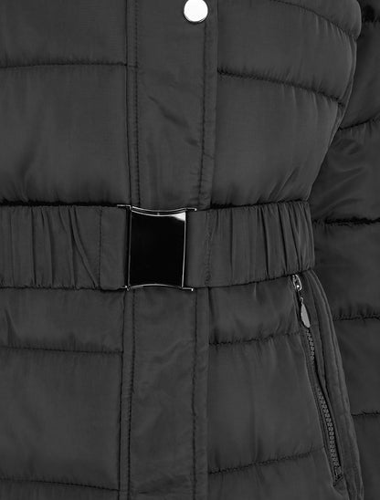 Doudoune ceinturée à capuche en fourrure synthétique - Noir - 3