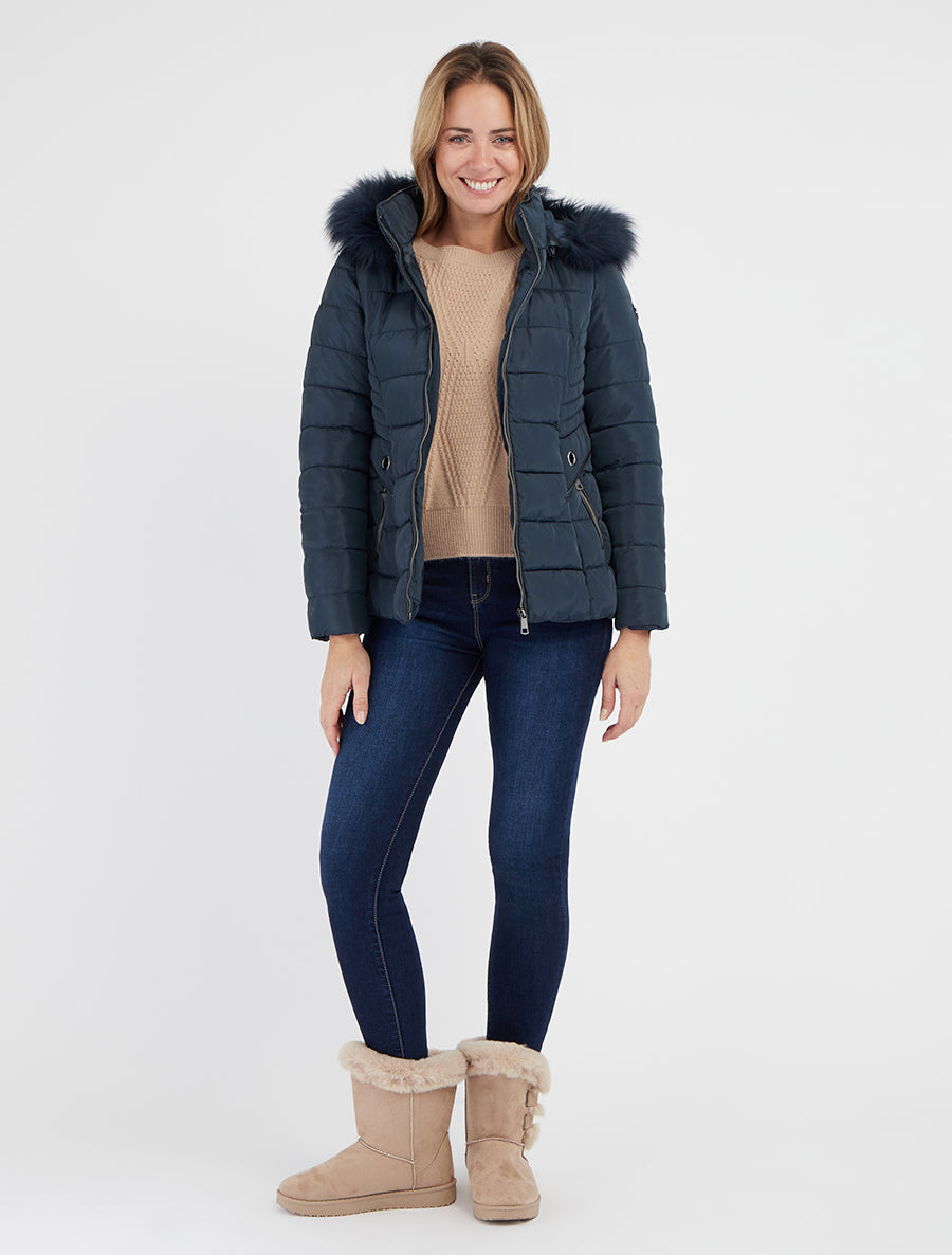 Rechte donsjas met capuchon van imitatiebont - Marine