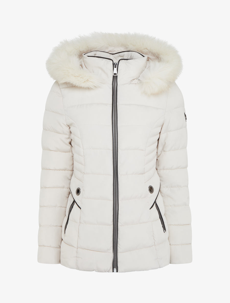 Doudoune droite à capuche en fourrure synthétique - Écru - 1