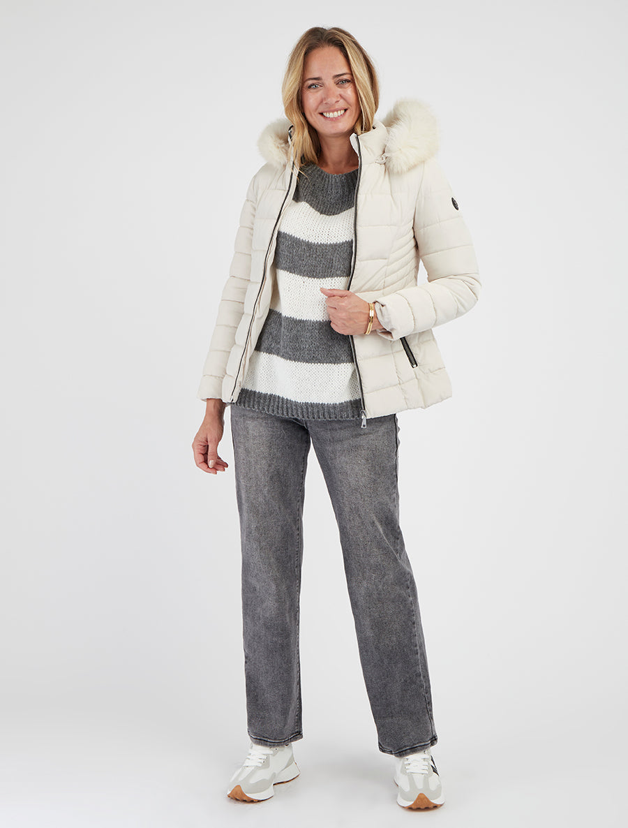 Rechte donsjas met capuchon van imitatiebont - Ecru