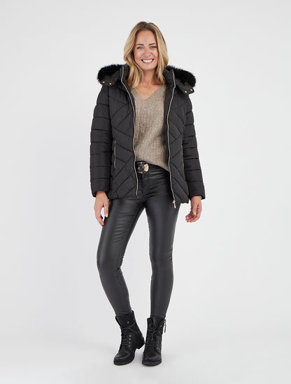 Doudoune matelassée à capuche fourrure synthétique - Noir