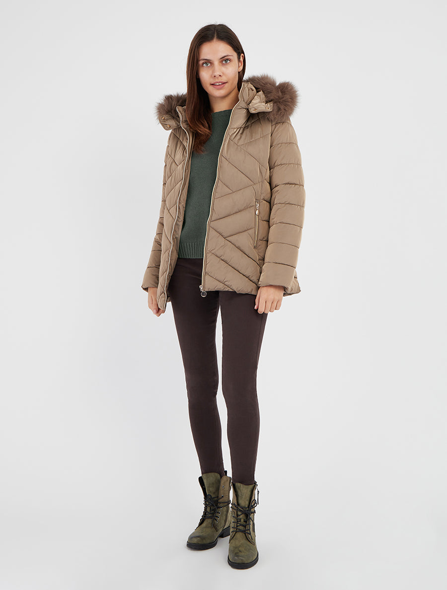 Doudoune matelassée à capuche fourrure synthétique - Taupe - 8