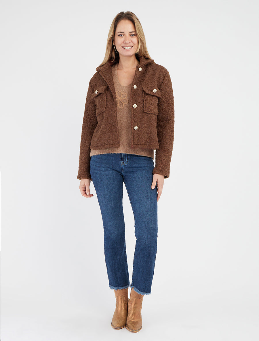 Kort jasje met bouclé wol-effect - Bruin