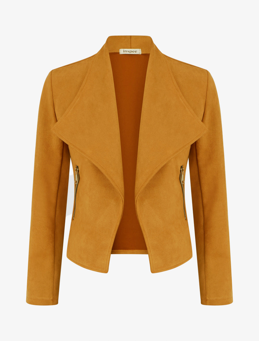 Veste en suédine à poches décoratives zippées - jaune moutarde