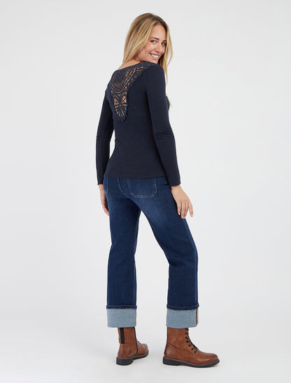 Pull à col bénitier et dos en crochet - Marine - 9